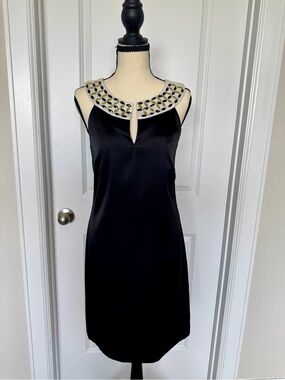 AGB Black Sleeveless Dress with Rhinestone Embellished Ivory Collar